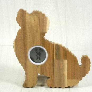 デジタル温・湿度計（時計付）トイプードル（座り姿）【木製（アカシア集成材）】（置き・掛け兼用）の画像