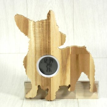 デジタル温・湿度計（時計付）ウェルシュ・コーギー【木製（アカシア集成材）】（置き・掛け兼用）の画像