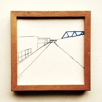 原画「青い橋のある風景」ドローイング作品 ※木製額縁入りの画像