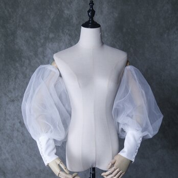 シースルー袖 オフホワイト パフスリーブ くるみボタン 取り外し袖 ストレッチ ウェディングドレスの画像