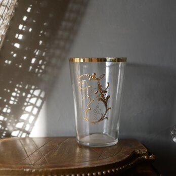 モノグラムの薄いガラスコップ　フランスアンティーク　ブロカントのある暮らしの画像