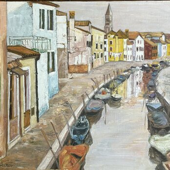 夕暮れの港町(油絵8号、イタリア、ヴェネツィア、原画一点物)の画像