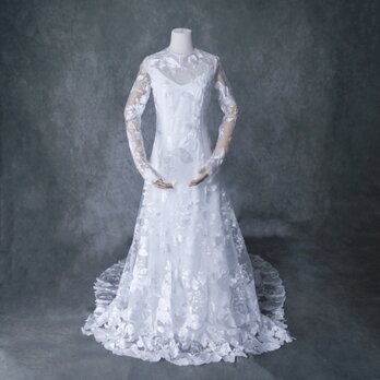 美品！ウェディングドレス ロングスリーブ 総レース ツーピース エレガント 上品透け袖 花嫁の画像