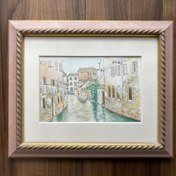 運河の街(透明水彩、原画一点物、額付き、イタリア、ヴェネツィア)の画像