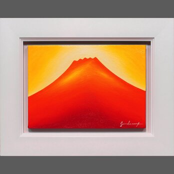 世界最高の発色の赤富士▲がんどうあつし絵画油絵F4号ホワイト額縁付開運風水富士山の画像