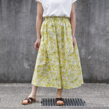 ミモザ フラワープリント（オフホワイト）コットンギャザースカート 軽くて、さらり。優しい肌触り。春 ポケット