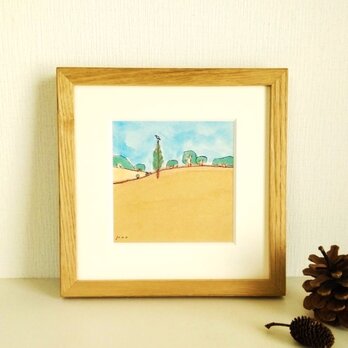 原画「広場」 ※木製額縁入り (18×18㎝フレーム）　水彩・アクリル・絵画の画像