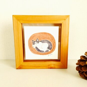 原画「眠り猫」水彩イラスト ※BOX型木製額縁入りの画像