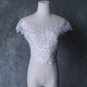 可憐な花刺繍のトップス 短袖 細見えシルエット キラキラスパンコール ウェディングドレスの画像