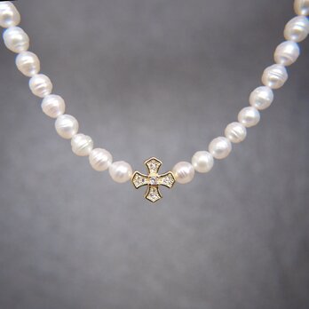 14kgp  ”Louvre” 淡水パール ネックレス クロス ホワイト 真珠