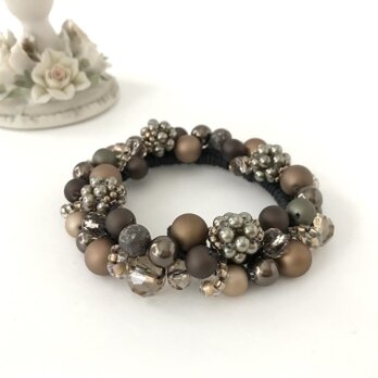 ビーズボール ビジュー クロッシェ シュシュ　ダーク ブラウン 茶 焦茶 ヘアゴム まとめ髪 かぎ針編み