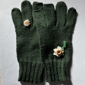 水仙の花の5本指ニット手袋– – –リングシリーズ、モスグリーン　　　　　　　　　の画像