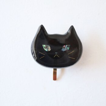 ウルウルおめめの猫ポニーフック（クロさん）ブラック・螺鈿風・黒猫の画像