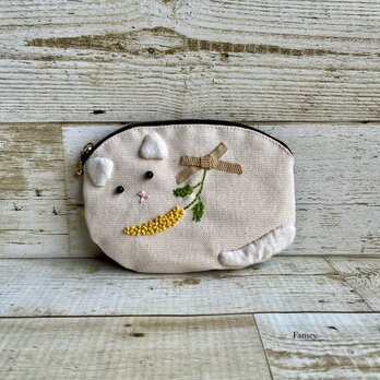 ミモザ好きな白猫ちゃんフラットポーチ　手刺繍ミモザ　国産帆布　コットンリネン　ミモザ柄　リボンの画像