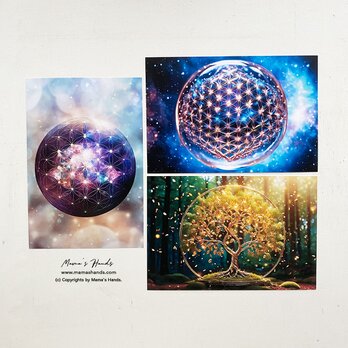 ツリーオブライフ 神聖幾何学 のスピリチュアル 開運 アート ３枚 ハガキ ポストカード セットの画像
