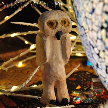 白梟木彫りオーナメント white owl wood carving ornamentの画像