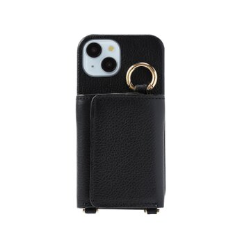 最高品質 iPhone15 本牛革 レザー カバー 財布付き ケース ブラック ストラップ付 職人仕立て ハンドメイド 個性的の画像