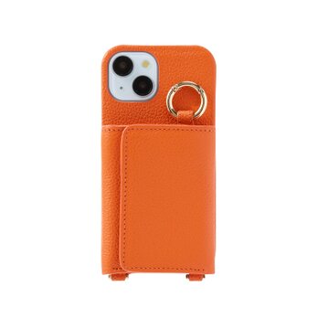 最高品質 iPhone15 本牛革 レザー カバー 財布付き ケース オレンジ ストラップ付 職人仕立て ハンドメイド 個性的の画像