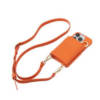 財布 ケース iPhone15 ProMax 高級 牛革 本革 カバー オレンジ ショルダー ストラップ 斜め掛け お札 収納の画像