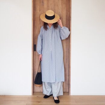 ■Pre-order■Cotton linen button gather One piece / BLUE(stripe)の画像