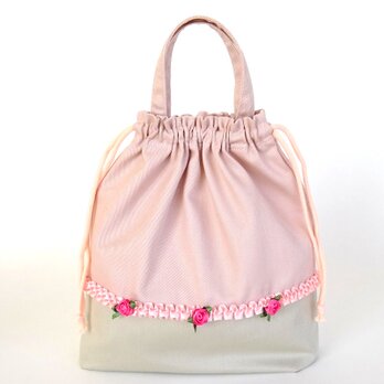 Mサイズ お着替えバッグ　入園　入学　花　レース　フリル　ピンク　スモーキーピンク　くすみピンクの画像