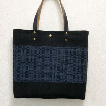 裂き織り　黒×水色チェックのバッグ（牛革持ち手）の画像