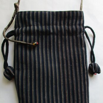 ７５９４　唐桟縞の着物で作った手提げ型の巾着袋　＃送料無料の画像