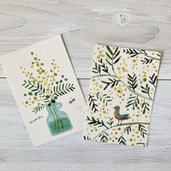 ポストカード2枚セット・水彩「ミモザと蝶」「ミモザの森」の画像