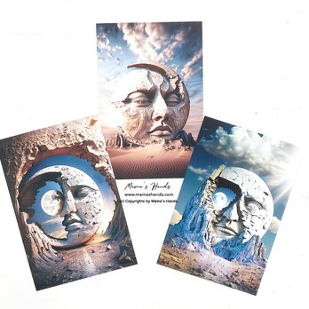 ムーンフェイス 月 宇宙 想像 古代 絵画風 イラスト アート ３枚 ハガキポストカード セット ♪の画像