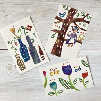 ポストカード3枚セット・型染め「花を飾る」「木登り」「チューリップと蝶」の画像