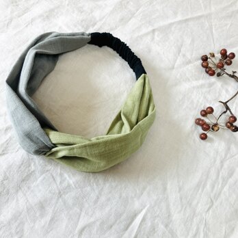 ふわふわスラブダブルガーゼのツイストヘアバンド　サイズS/M/L　ストーングレー×ウグイス×ブラック