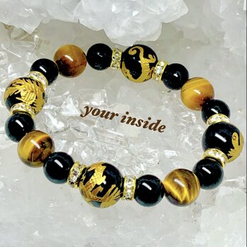 四神獣 金色彫り オニキス タイガーアイ 天然石ブレスレット