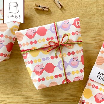 こぶたのギフトバッグ〈5枚入〉マチあり紙袋 ペーパーバッグ ラッピング袋 豚 可愛い クリスマスギフト バレンタインの画像