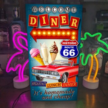 【オーダー無料】ルート66 ダイナー アメ車 カフェ ドライブイン 店舗 自宅 サイン 照明 看板 置物 雑貨 ライトBOXの画像