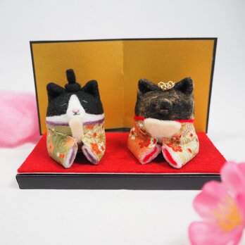 【受注製作】ひなまつり ‐桃の節句‐ まゆねこ(各種)の雛人形セット　和柄タイプ　羊毛フェルト