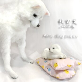 秋田犬（2頭） 成犬白 全身可動 ＆ パピー白 子犬 セット 羊毛フェルト アートドール 和犬 大型犬の画像