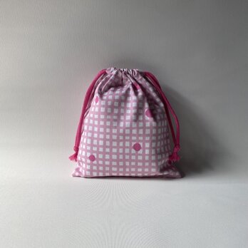 【受注製作】巾着袋（小）チェック＆ドット柄　ピンクの画像