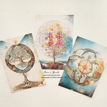 アンティーク風 神聖幾何学 フラワーオブライフ等の スピリチュアル 開運 アート ３枚ハガキセットの画像