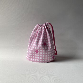 【受注製作】コップ袋（給食袋）サイズ（小）チェック＆ドット柄　ピンクの画像