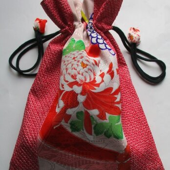 ７６１４　絞りと花柄の振袖で作った巾着袋＃送料無料の画像