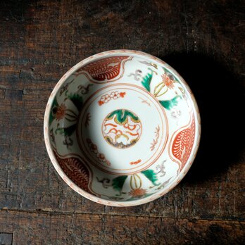 余白が素敵◆赤と緑のコントラスト。伊万里　花文赤絵金彩浅型小鉢　膾皿　骨董・antiques 器　暮らしに　明治期の画像
