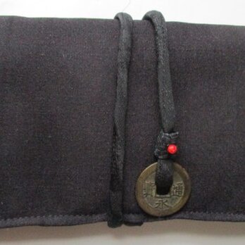 ７６１９　黒の紬の着物で作った和風財布・ポーチ＃送料無料の画像