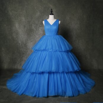 華やか カラードレス ブルー Vネック 柔らかく重ねたチュールスカート キャミソール 演奏会 披露宴の画像