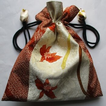 ７６２３　絞りと花柄の訪問着で作った巾着袋　＃送料無料の画像