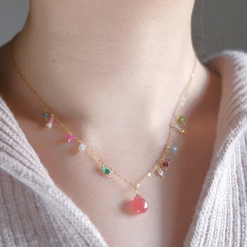 vorblóm necklace：天然石ネックレス　ロードクロサイト×ガーネット×ルビー×パールの画像