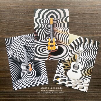 おしゃれな ギター＆幾何学模様のイラスト アート ３枚 ハガキ ポストカード セットの画像