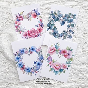素敵な お花の ハート リースの 水彩画 イラスト アート 4枚 ハガキ ポストカード セット ♪の画像