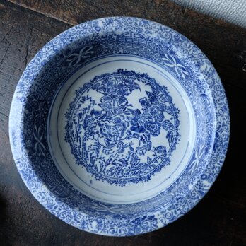 獅子と花◆青で素敵。伊万里　印判朝型八寸鉢　碗　骨董・antiques 明治大正期の画像