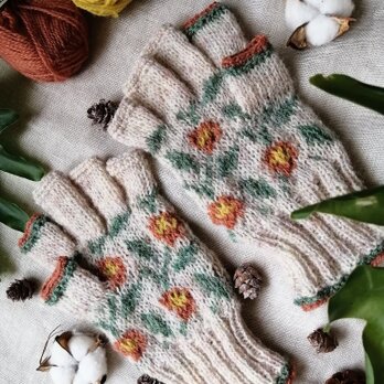 春の庭〜編み込み模様の指先フリー手袋の画像