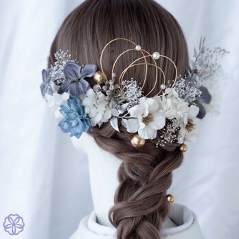くすみブルーと林檎の花の髪かざり　成人式　卒業式　結婚式　振袖　着物　和装　ヘアアクセサリーの画像